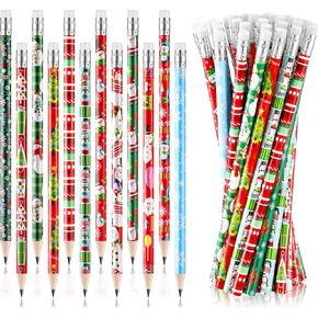 Yexiya Christmas Pencils Bulk for Kids Colorful Wood Pencils with Erasers, Snowman, Santa and Elk Design for Office School,12 Styles(48 Pcs)