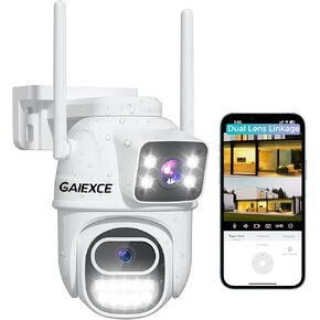Wireless Security Camera, Dual Lens WiFi PTZ Camera Outdoor, Motion Tracking, Color Night Version, Plug-in Cable, No-Fees Wroks with Alexa, 2.4G WiFi, IP66 Waterproof