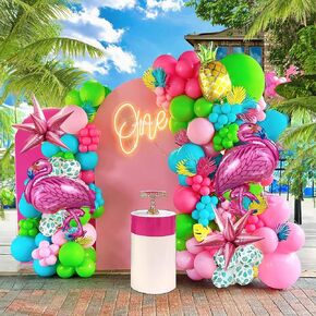 Tropical Flamingo balloons garland arch kit 140pcs Teal Blue Pink Green with Palm Print foil pineapple For summer beach luau hawaiian aloha theme birthday decorations