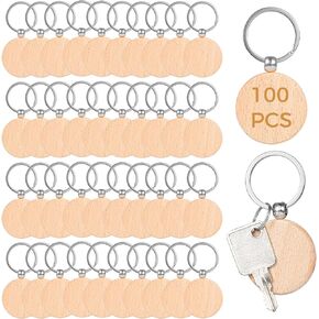 Wooden Keychain Blanks, 100 Pcs Round Wood Tags Finely Polished, Blank Wood Keyrings for Personalized DIY Crafts, Christmas Pendants, Wall Hangings, Bag Decorations, Pet Tags