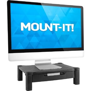 Mount-It! Monitor Riser with Drawer | Height Adjustable Monitor Stand with Sliding Three-Row Storage | Riser for Computer Screen, Printer, or Laptop | Black