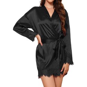 Womens Silk Robe, Lace Trim Satin Robes, 3/4 Sleeve V Neck Silk Bathrobe Kimono Bathrobe for Bride Bridesmaids