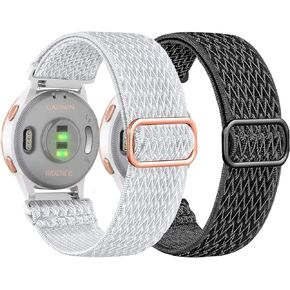 2Pack 18mm Stretchy Nylon Solo Loop Watch Bands Compatible with Garmin Vivoactive 4S/ Venu 2S/ Venu 3S / Vivomove 3S/ Forerunner 265S/255S/255S Music, Elastic Braided Strap for Women Men