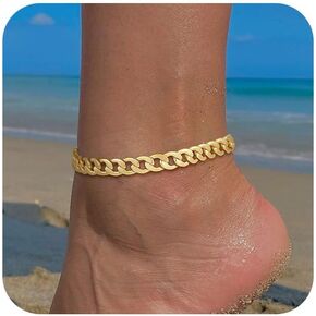 Gold Ankle Bracelets for Women Sterling Silver Layered Cuban Link Ankles for Women Men Set Waterproof Summer Beach Non Tarnish Stackable 14k Gold Plated Anklet Bracelet Dainty Jewelry Gift for Women