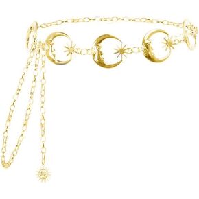 Chain Belt for Women Metal Western Waist Belts Moon Star Metal Boho Decorated Skinny Waist Chain Belt Sun Pendant Belly Body Chains Jewelry