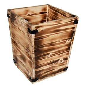 Owlgift Decorative Rustic Burnt Wood Trash Can, Farmhouse Stylish Wooden Waste Basket Near Desk, Square Garbage Cans Trashcan with Metal Brackets for Office, Bedroom & Bathroom