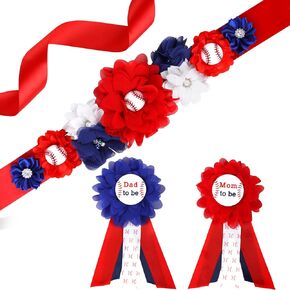 JOYMEMO Baseball Baby Shower Maternity Sash Kit - Batter Up Baseball Baby Shower Belly Belt and Mom to Be & Dad to Be Corsage Pins, New Parents Pregnancy Photo Props Sport Theme Party Supplies