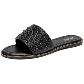 Women's Rhinestone Pearl Flat Sandals Slip On Round Open Toe Slides Sparkle Bling Slippers for Summer
