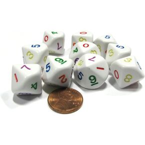Koplow Games Set of 10 D10 Ten-Sided Opaque Rainbow Dice, 0-9 - White with Multicolor Number