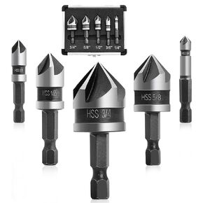 5 Pcs Countersink Drill Bit Set, 82 Degree 5 Flute High-Speed Steel Countersink Drill Bit with 1/4" Hex Shank, 1/4" to 3/4" Size for Machinable Metals, Wood, Carbon Steel, in Aluminum Case