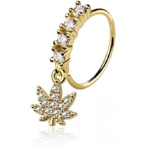 Pierced Owl 20GA 316L Stainless Steel CZ Crystal Lined Hoop with Pot Leaf Charm Bendable Nose Ring