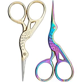 Embroidery Scissors Small Sewing Scissors Stainless Steel Classic Stork Sharp Tip 2PCS Crafting Scissors for Art Work DIY Needlework Paper Cutting Office Threading Shears (3.7inch, Gold & Colorful)