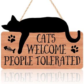 Funny Cat Welcome Sign for Front Door Cats Welcome People Tolerated Wooden Decor Black Cat Wall Decor Catio Accessories for Home Cat Gifts for Cat Lovers Women Lady Black Cat Decor for Home