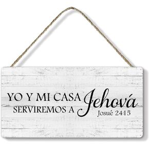 Inspirational Bible Verse Wooden Hanging Sign Plaque - Yo Y Mi Casa Serviremos a Jehova, Rustic Style Retro Wall Art Wood Hanging Wall Plaque Christian Sign Decor