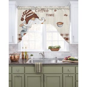 Gnomes Coffee Swag Kitchen Curtain Sets with Valance,3 Pieces Rod Pocket Curtain Drapes for Bedroom Bathroom Cafe Windows,Retro Country Rustic Brown Buffalo Plaid 56''x36''&36''x27.5''x2Panels