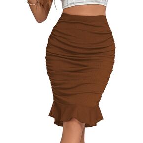 LYANER Women's Rib Knit Ruched Elastic Waist Ruffle Hem Mermaid Fishtail Bodycon Midi Skirt
