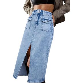 Denim Midi Skirt Women High Waisted Long Jean Skirts Slit Front Hem Blue A Line Stretch Skirt with Pockets