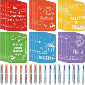 30 Sets Mini Colorful Notebooks for Kids Happiness Themed Journals and 6 in 1 Multicolor Retractable Ballpoint Pens Class Gifts for Students Inspirational Notepads School Prizes Office Supplies