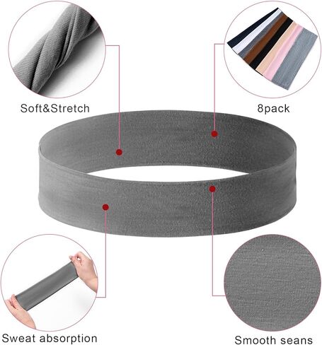8 قطع من عصابات الرأس للنساء، عصابات شعر رياضية مضادة للانزلاق لشعر المرأة، عصابات رأس من القماش الناعم المرن مناسبة للياقة البدنية واليوجا ورياضات الجري (متعددة الألوان) in Kuwait