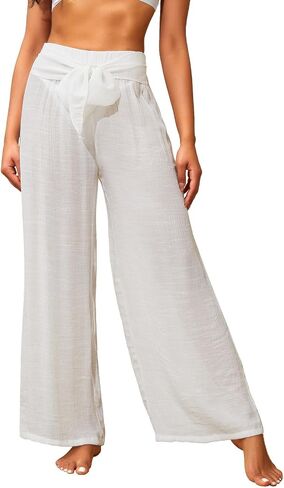 Women's Beach Cover Up Pants Mesh Wide Leg Loose Tie Front Elastic High Waist Bathing Suit Beach Pants in Saudi Arabia