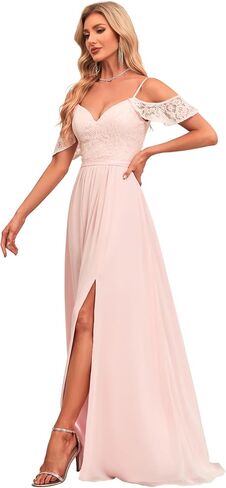 V Neck Bridesmaid Dresses with Pockets Ruffle Sleeve A-Line Long Slit Formal Party Dresses P026 in Saudi Arabia