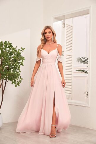 V Neck Bridesmaid Dresses with Pockets Ruffle Sleeve A-Line Long Slit Formal Party Dresses P026 in Saudi Arabia