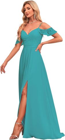 V Neck Bridesmaid Dresses with Pockets Ruffle Sleeve A-Line Long Slit Formal Party Dresses P026 in Saudi Arabia