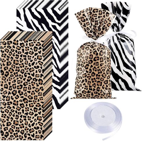 100 Pieces Leopard and Zebra Print Cellophane Bags Animal Print Party Supplies Bags Sealable Treat Bags with a Roll of White Ribbon for Chocolate Candy Snacks Cookies Zoo or Jungle Party in Saudi Arabia