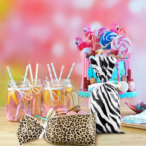 100 Pieces Leopard and Zebra Print Cellophane Bags Animal Print Party Supplies Bags Sealable Treat Bags with a Roll of White Ribbon for Chocolate Candy Snacks Cookies Zoo or Jungle Party in Saudi Arabia