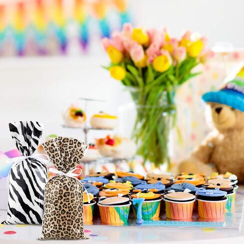 100 Pieces Leopard and Zebra Print Cellophane Bags Animal Print Party Supplies Bags Sealable Treat Bags with a Roll of White Ribbon for Chocolate Candy Snacks Cookies Zoo or Jungle Party in Saudi Arabia