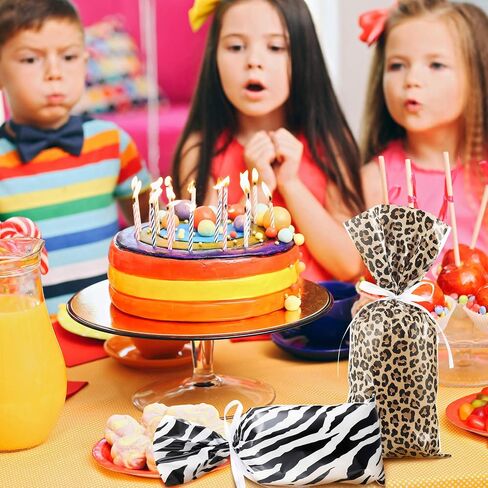 100 Pieces Leopard and Zebra Print Cellophane Bags Animal Print Party Supplies Bags Sealable Treat Bags with a Roll of White Ribbon for Chocolate Candy Snacks Cookies Zoo or Jungle Party in Saudi Arabia