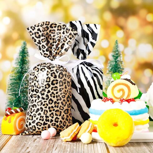 100 Pieces Leopard and Zebra Print Cellophane Bags Animal Print Party Supplies Bags Sealable Treat Bags with a Roll of White Ribbon for Chocolate Candy Snacks Cookies Zoo or Jungle Party in Saudi Arabia