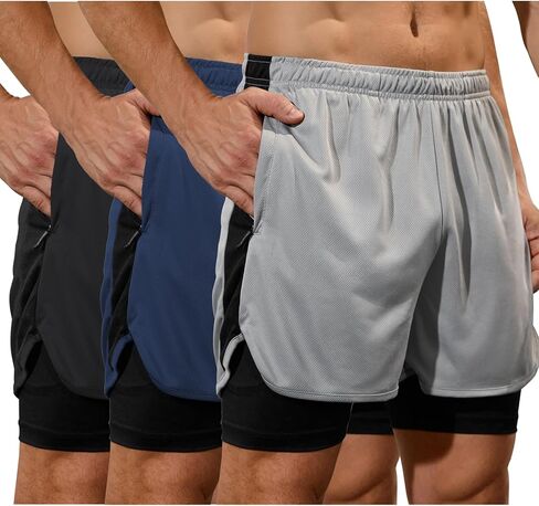 SILKWORLD Mens Running Shorts 2 in 1 Quick Dry Athletic Shorts 2~3 Pack Gym Shorts with Zipper Pockets in Saudi Arabia