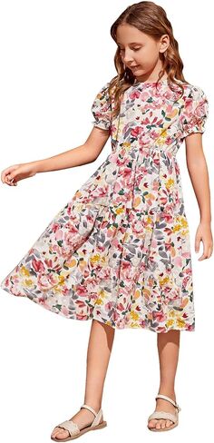 OYOANGLE Girl's Floral Print Ruffle Trim V Neck Cap Butterfly Sleeve Flared Belted Dress White and Pink 9Y in Saudi Arabia