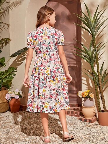 OYOANGLE Girl's Floral Print Ruffle Trim V Neck Cap Butterfly Sleeve Flared Belted Dress White and Pink 9Y in Saudi Arabia
