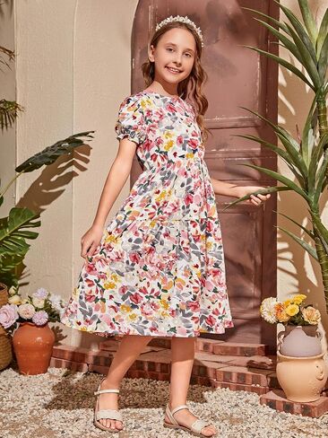 OYOANGLE Girl's Floral Print Ruffle Trim V Neck Cap Butterfly Sleeve Flared Belted Dress White and Pink 9Y in Saudi Arabia
