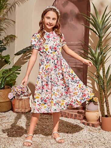 OYOANGLE Girl's Floral Print Ruffle Trim V Neck Cap Butterfly Sleeve Flared Belted Dress White and Pink 9Y in Saudi Arabia