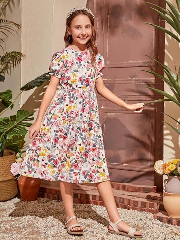 OYOANGLE Girl's Floral Print Ruffle Trim V Neck Cap Butterfly Sleeve Flared Belted Dress White and Pink 9Y in Saudi Arabia