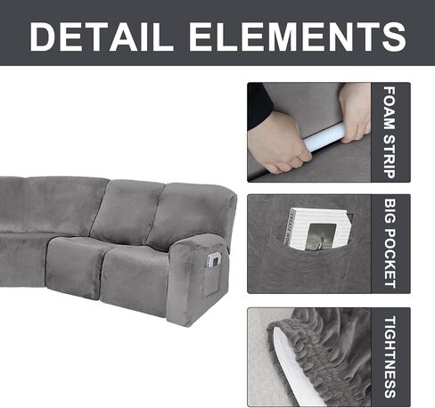 MINGPINHUIUS 7 Piece Velvet Sectional Sofa Covers Recliner Sofa Cover Newest Design Stretch Sofa Slipcover Non-Slip Washable Reclining Couch Covers,for Reclining L Shape Sofa (Grey) in Saudi Arabia