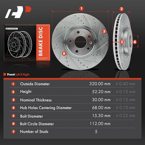 A-Premium 12.60 inch (320mm) Front Drilled and Slotted Disc Brake Rotors Compatible with Select Audi Models - A4 2012-2016, A4 Quattro, Q5, A5, A5 Quattro, A6, A6 Quattro, A7 Quattro, 2-PC Set in Saudi Arabia
