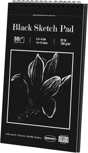 Black Sketch Pad, 5.5 x 8.5 inches, 30 Sheets (92lb/150gsm) Heavyweight Drawing Paper with Hard Cover & Spiral Bound, Perfect for Colored Pencil, Oil Pastel, Graphite, Gel Pen, Ink, Charcoal, Chalk in Saudi Arabia