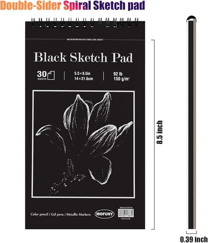 Black Sketch Pad, 5.5 x 8.5 inches, 30 Sheets (92lb/150gsm) Heavyweight Drawing Paper with Hard Cover & Spiral Bound, Perfect for Colored Pencil, Oil Pastel, Graphite, Gel Pen, Ink, Charcoal, Chalk in Saudi Arabia