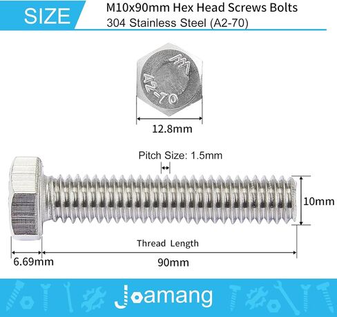 مسمار برأس سداسي M10 × 90 مم، 304 من الفولاذ المقاوم للصدأ (A2-70)، لمسة نهائية لامعة، ملولبة بالكامل، مسامير رأس سداسية، الكمية 5 in Kuwait