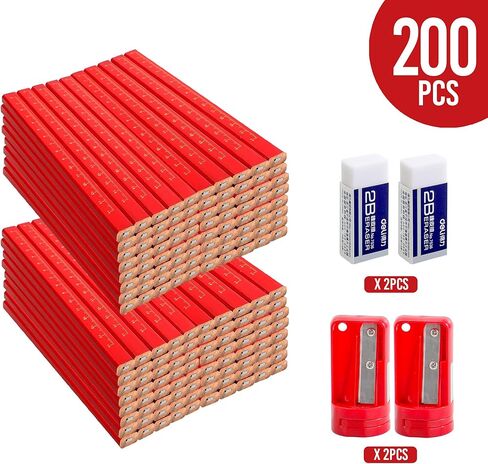 204 قطعة من أقلام رصاص النجار، 200 قطعة من أقلام الرصاص المسطحة مقاس 7 بوصة مع 2 مبراة وممحاة، مجموعة أقلام رصاص للمقاولات لأداة وضع علامات على الأعمال الخشبية in Kuwait