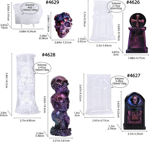 3D Witchy Silicone Molds 4-in-Set Skull Skeleton Tombstone Coffin for Epoxy Resin Candle Aromatherapy Soap Making Wax Plaster Craft Projects in Saudi Arabia