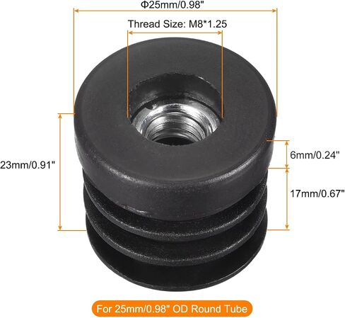uxcell 4Pcs Plastic Threaded Tube Inserts with M8 Thread, for 25mm/0.98" OD Round Tube, Adjustable Round Black Plastic Plug Caster Insert Chair End Caps Furniture Leg Plug in Saudi Arabia
