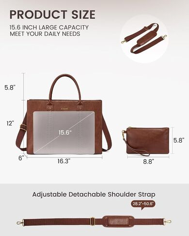 LOVEVOOK Laptop Tote Bag for Women, Vintage Leather Work Bags 15.6 inch Computer Bag, Waterproof Laptop Bag Business Briefcase Office Handbag Purse, Dark Brown in Saudi Arabia