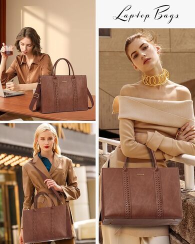 LOVEVOOK Laptop Tote Bag for Women, Vintage Leather Work Bags 15.6 inch Computer Bag, Waterproof Laptop Bag Business Briefcase Office Handbag Purse, Dark Brown in Saudi Arabia