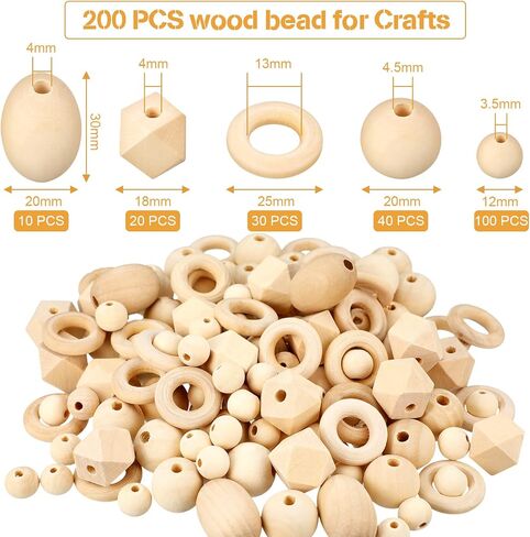 200 Pcs Natural Wood Beads Bulk 4 Styles Round Wood Beads Hexagon Polygon Wooden Beads Bird Toys Spacer Unfinished Geometric Beads for DIY Crafts Garland Jewelry in Saudi Arabia