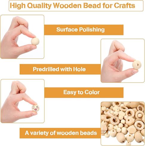 200 Pcs Natural Wood Beads Bulk 4 Styles Round Wood Beads Hexagon Polygon Wooden Beads Bird Toys Spacer Unfinished Geometric Beads for DIY Crafts Garland Jewelry in Saudi Arabia